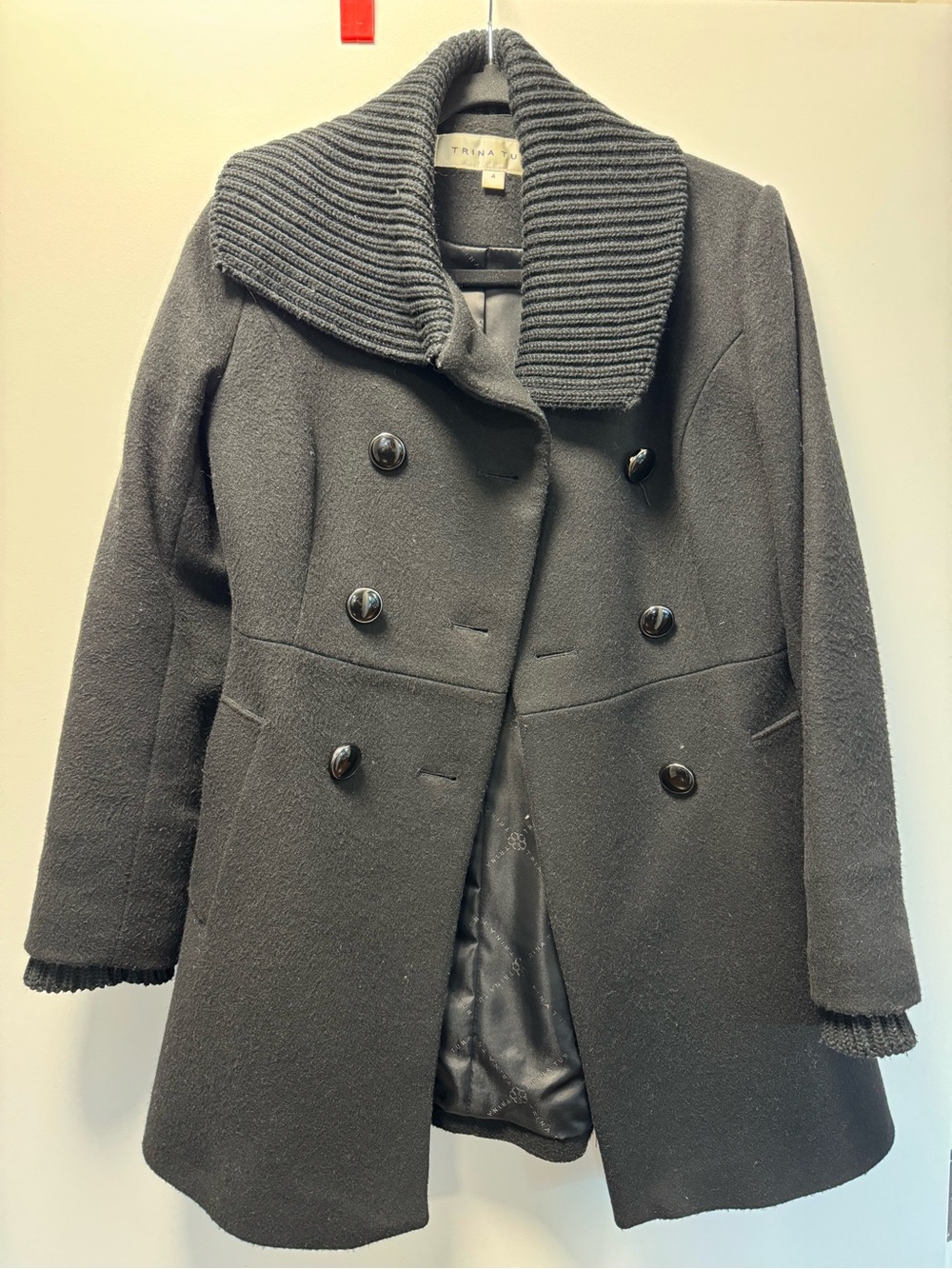 Trina Turk Black Double-Breasted Wool-Blend Pea Coat with Ribbed Shawl Collar